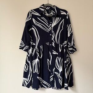 Nicole Miller Navy and White Leaf Pattern Dress